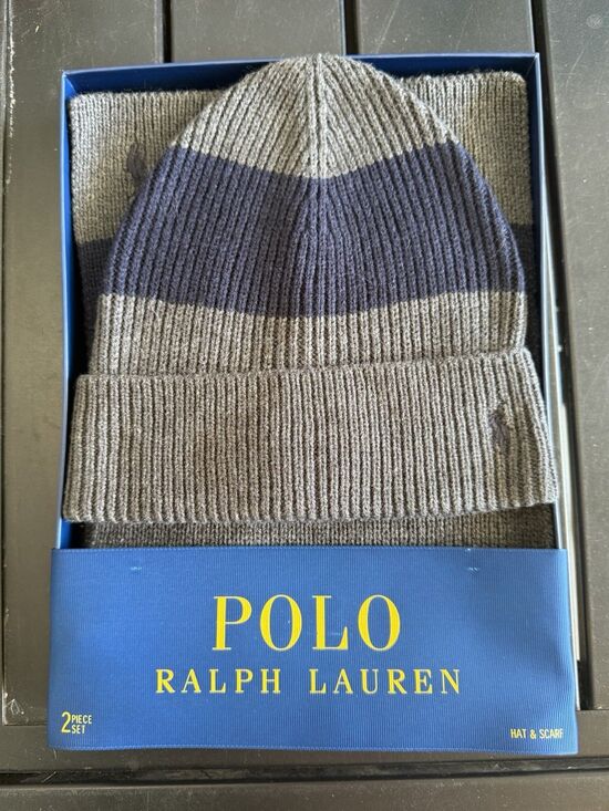 Polo by Ralph Lauren Other - Polo Ralph Lauren Mens Hat & Scarf 2 Piece Set One Size Gray Navy Stripe NWT